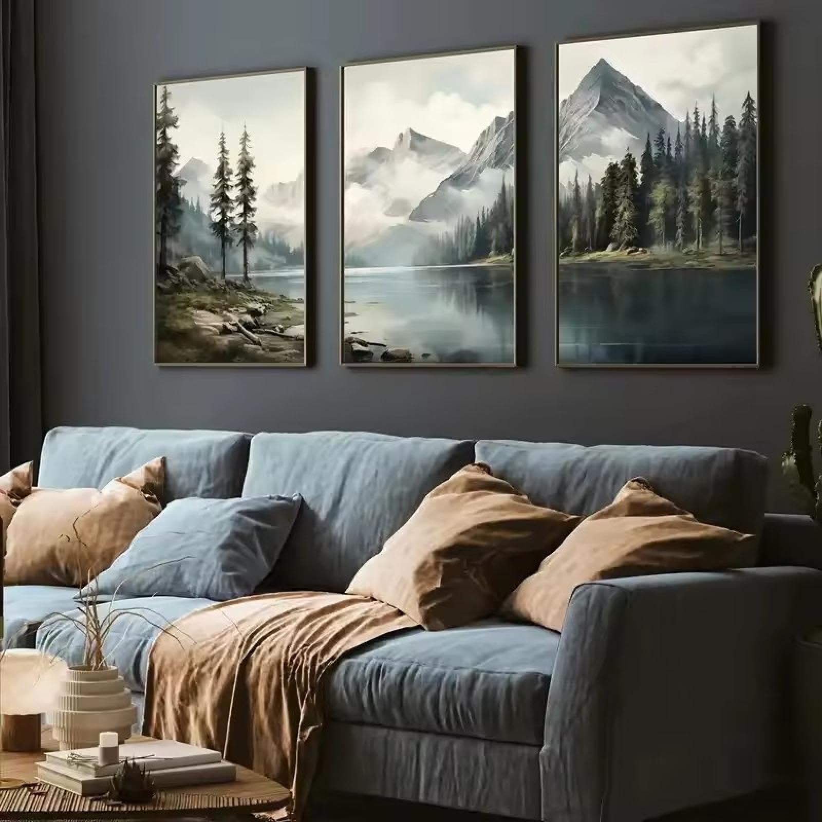 Habiller grand mur vide lot 3 affiches murales paysage vert aquarelle avec cadre