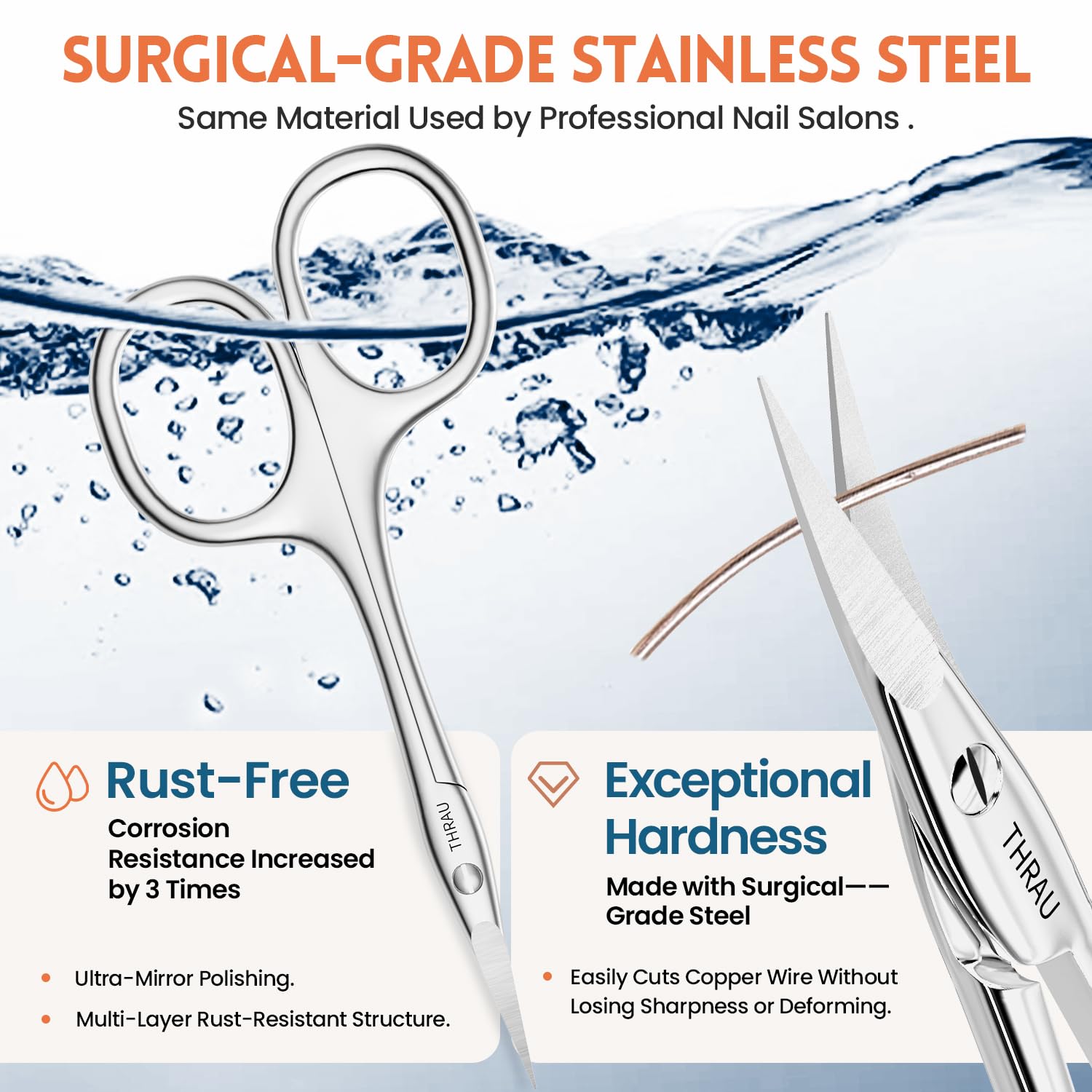 THRAU Ciseaux à Cuticules pour Gaucher – Acier Inoxydable Chirurgical avec Pointe Courbée Tranchante – Pour Cuticules, Ongles, Sourcils, Cils, Poils de Nez et Barbe – Idéal pour la Manucure
