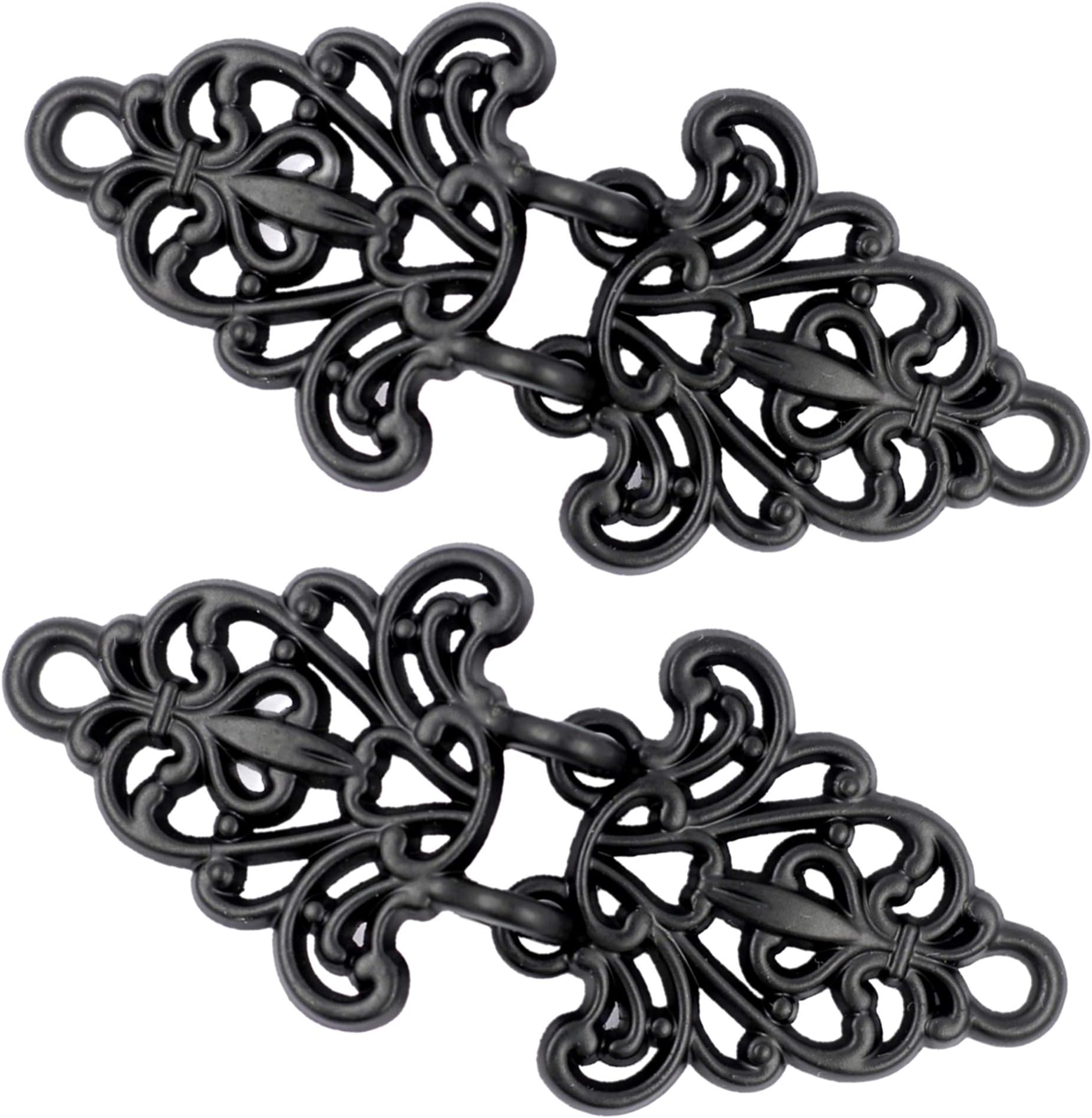 Bezelry 4 Pairs Filigree Trivet Cape or Cloak Clasp Fasteners. 64mm x 29mm Fastened. Sew On Hooks and Eyes Cardigan Clip (Matte Black)