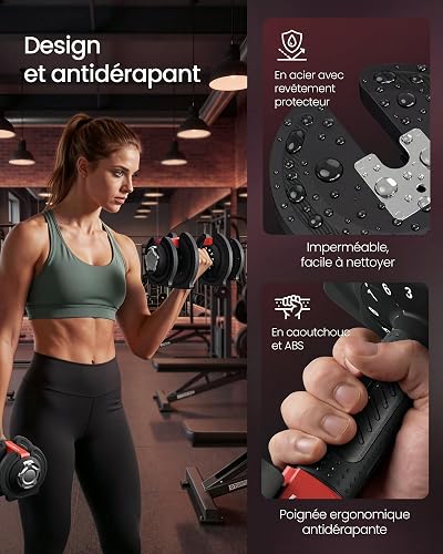 SONGMICS Set of 2 Adjustable Dumbbells, 12-in-1 Weights 1.5-18 kg Each, Quick Dial, Space-Saving, Non-Slip Handle, Storage Tray, Home Gym Strength Training, Black and Red SYL536R101 - 7