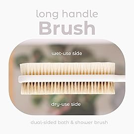 MainBasics Back Scrubber for Shower - Long Handle Dual-Sided Brush for Body Wash & Scrubbing with Exfoliating & Soft Bristles (White, Plastic)