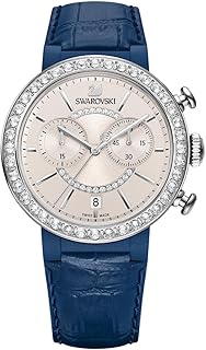 5210208 - Orologio analogico da donna con cinturino in pelle blu, cassa in acciaio, quadrante argentato
