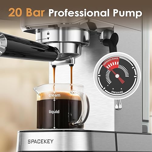 Miniatura 2 de Spacekey Máquina de café expreso de 20 barras, cafetera profesional de 1350 W con espumador de leche, cafetera compacta de acero inoxidable para