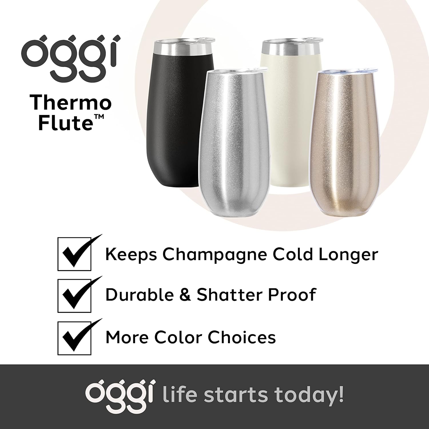 OGGI Thermo Flute 'Celebrate Collection' Stainless Steel Insulated Champagne Flute Tumbler - Wood Grain, 6oz, with clear sip lid.