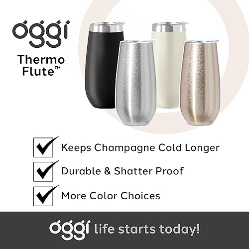 Miniatura 7 de Oggi Thermo Flute - Vaso térmico de acero inoxidable con aislamiento para copa de champán, color rojo ladrillo, 6 onzas, con tapa transparente