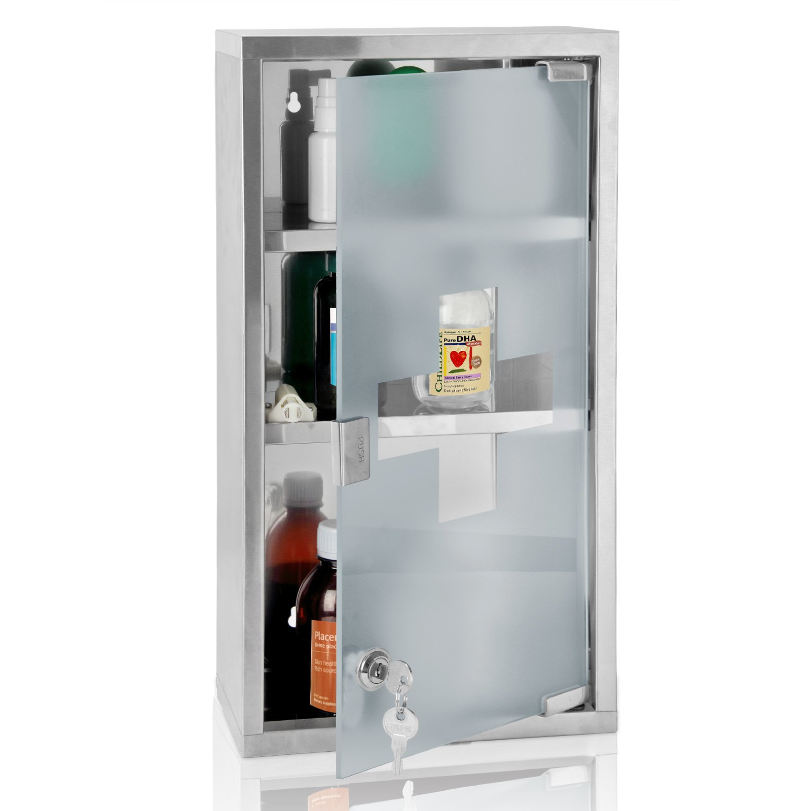 DEUBA® Armoire Salle De Bain en Acier Inoxydable - Boite Pharmacie Avec 3 Étagères et Fermeture à Clé - Armoire Pharmacie Murale 48,5 x 25 x 12 cm - Rangement Médicaments Sécurisé