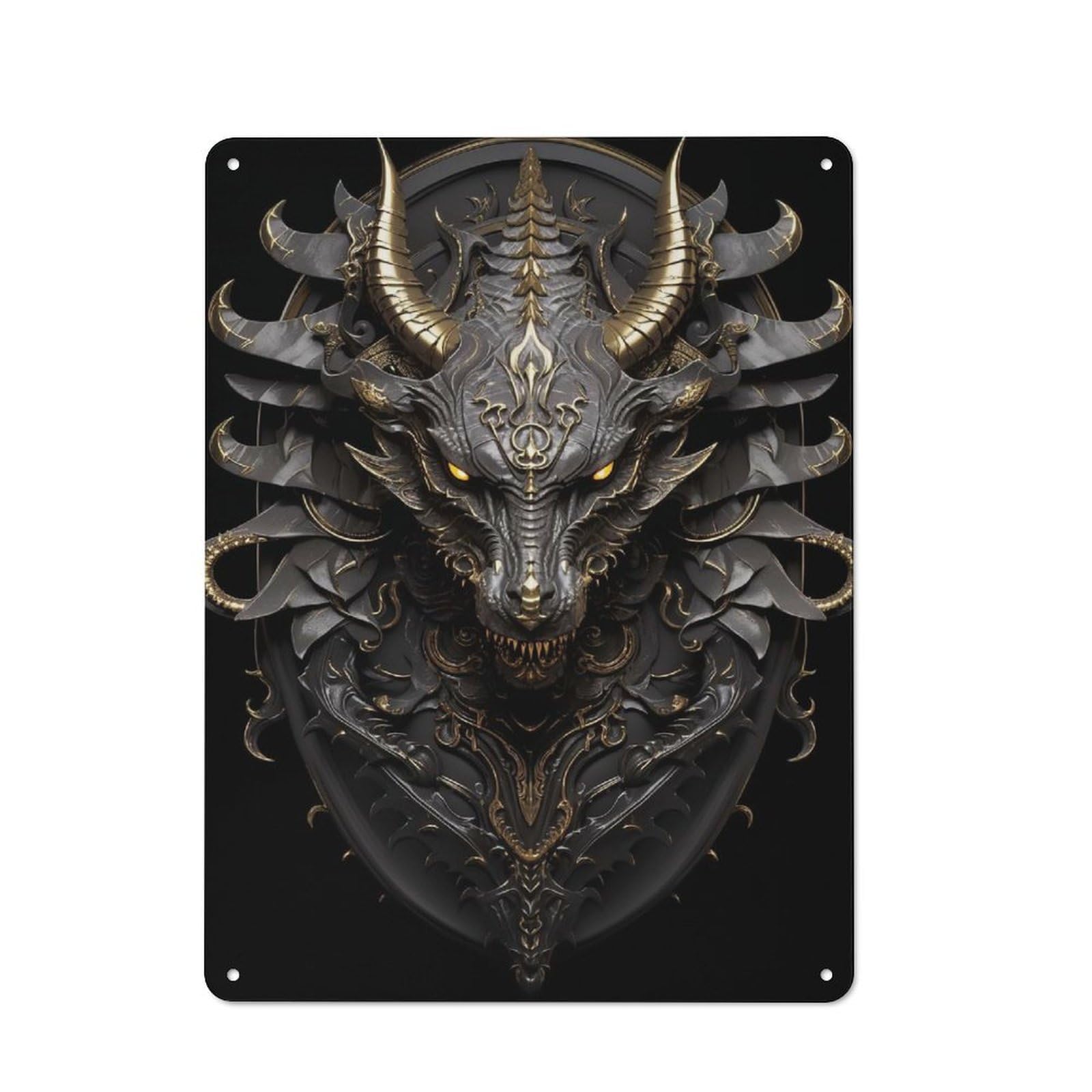 Junmoney Style-18 Metal Wall Sign 40X30cm Featuring Black Golden Devil Dragon For Workshop Wall, For Room Styling Across Workshops And Hobby Rooms