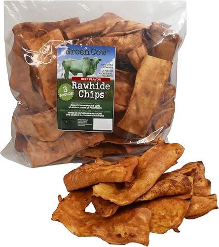GreenCow Rawhide Chips - Bolsa de 1 libra con sabor a carne de res, masticables de cuero crudo para perros grandes, ideal para masticadores