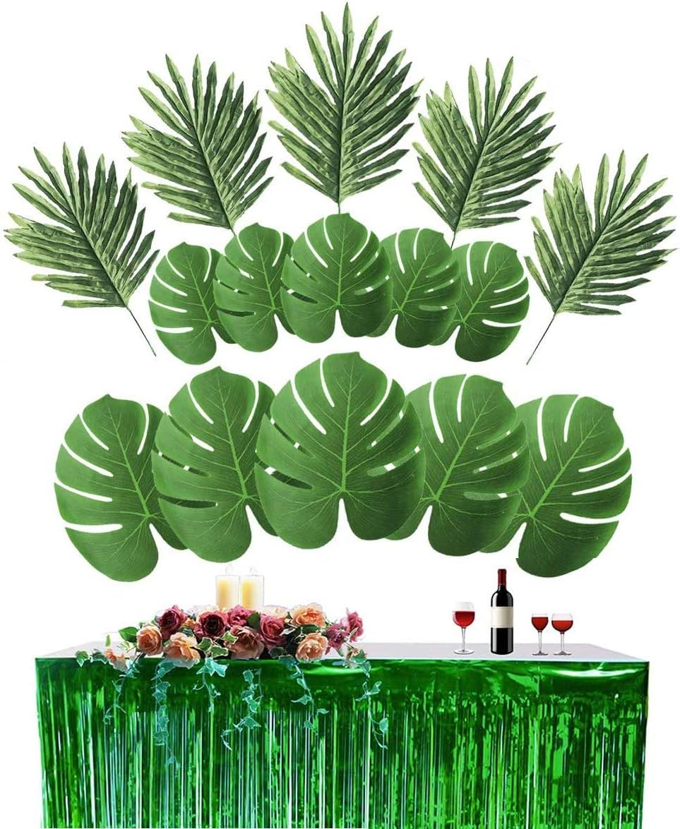 Xunlong 274cm*74cm Foil Fringe Table Skirt with 36 Pcs Artificial Palm Monstera Tropical Leaves for Hawaiian Luau Party, Tiki Aloha Jungle Moana BeachTheme Birthday Table Decorations