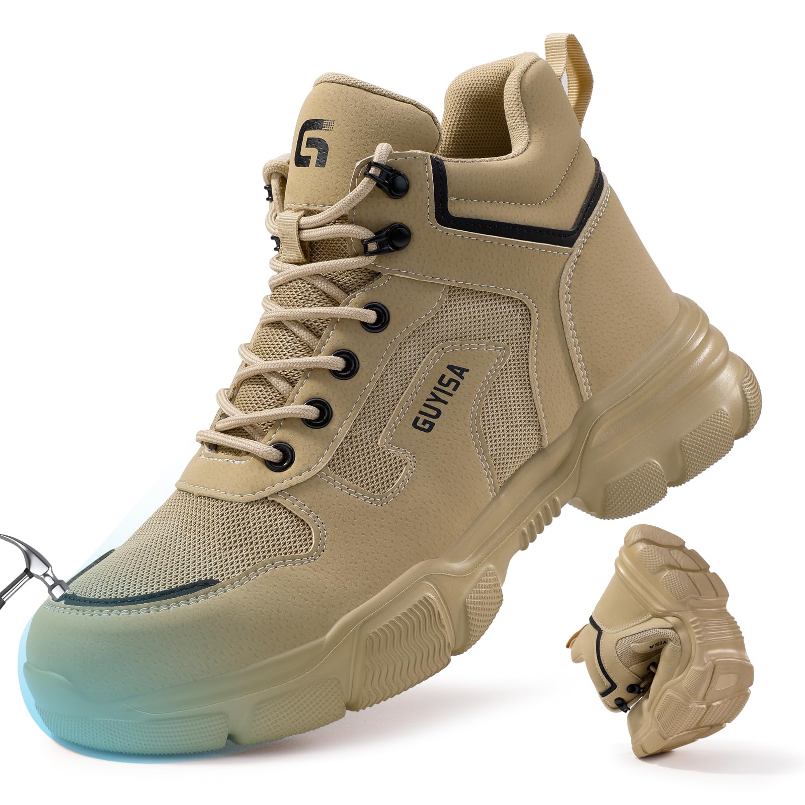 Safety Shoes Mens Work Boots Waterproof Lightweight Steel Toe Cap Boots Industrial Construction Sites Puncture Proof Shoes, Steel Toe Trainers Warm Khaki, 13.5 UK-image-4
