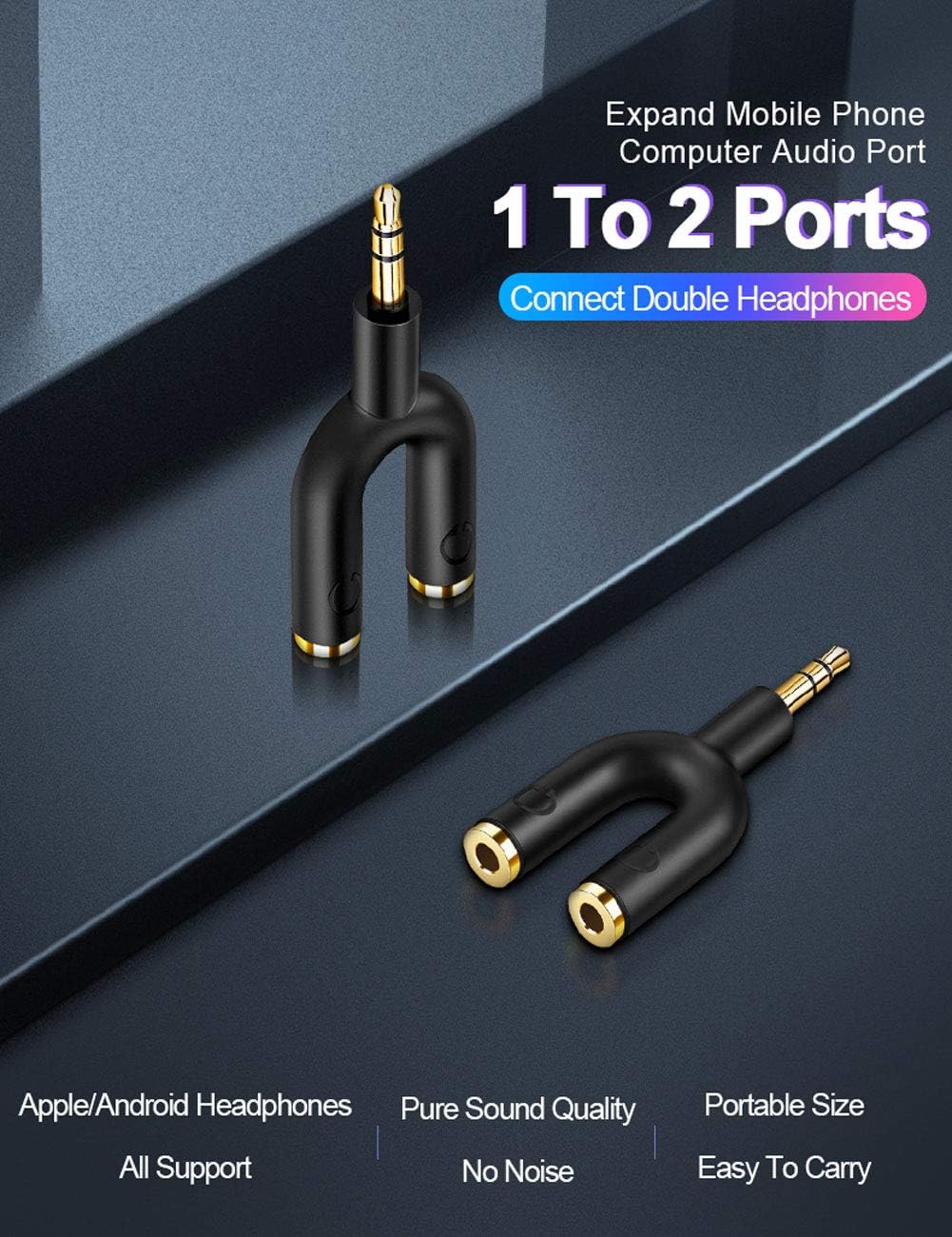 CableCreation headphone splitter adapter connecting two headphones to a mobile device