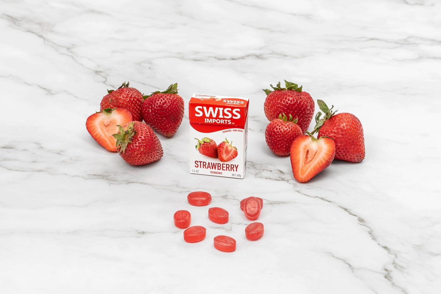 Swiss Imports Sugar Free Bonbons Hard Candy Drops, Strawberry, 1.4 oz/40g Box, 9 Pack