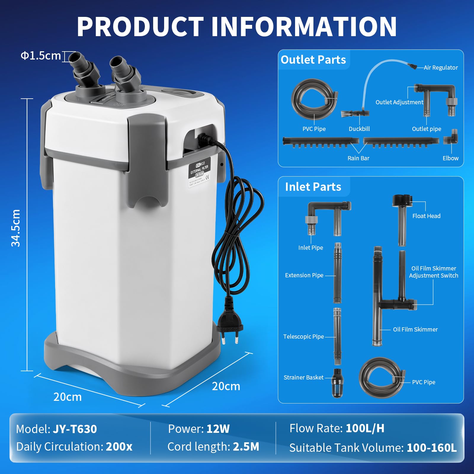 EXLECO Filtro exterior ajustable para acuario, 1000 l/h, 12 W, para