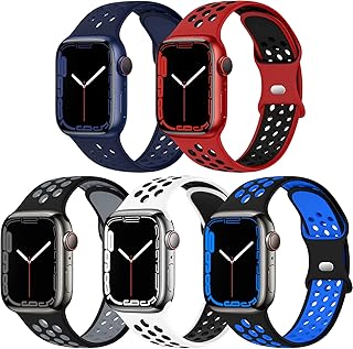 EOMTAM 5 Pack Sport Bands Compatible for Apple Watch 49mm 45mm 44mm 42mm 41mm 40mm 38mm Men Women, Breathable Silicone Soft Replacement Strap Wristband for iWatch Series Ultra 8 SE 7 6 5 4 3