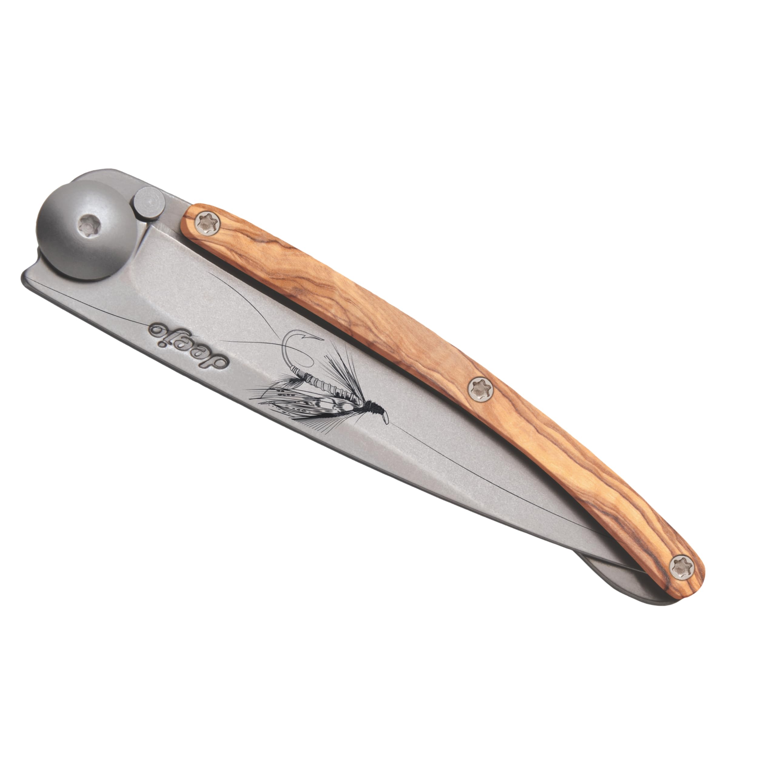 Deejo - Couteau de Poche Pliant 27g - Manche en Bois d’Olivier, Lame en Acier Inoxydable Z40C13 - Motif Silver Wilkinson - Couteau de Table, Randonnée, Camping, Bivouac