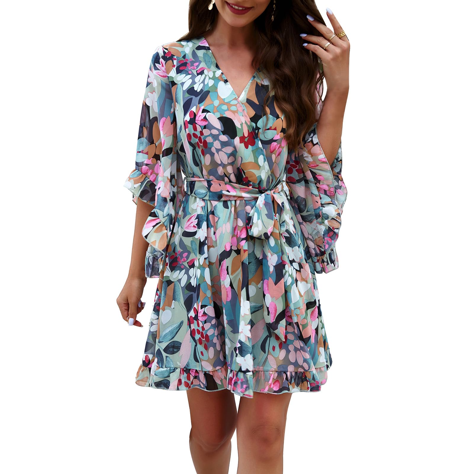 Odizli Abito estivo da donna, corto, elegante, floreale, in chiffon, con scollo a V