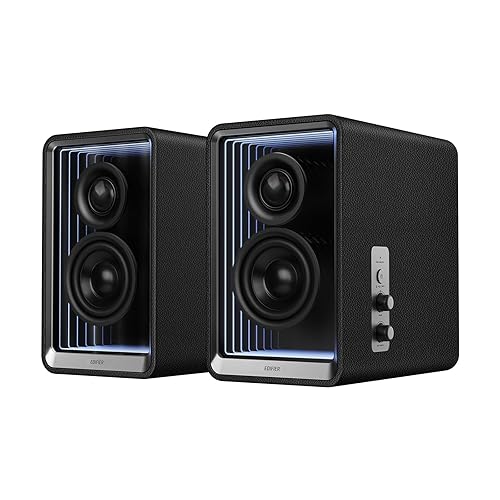 Edifier QR65 Desktop Active Monitor with 2.75" Long-Throw Aluminum Diaphragm mid-Low Drivers, Hi-Res Audio, Brilliant Light Effects, 70W Output Power Bluetooth Speakers with Stands - Black - Black