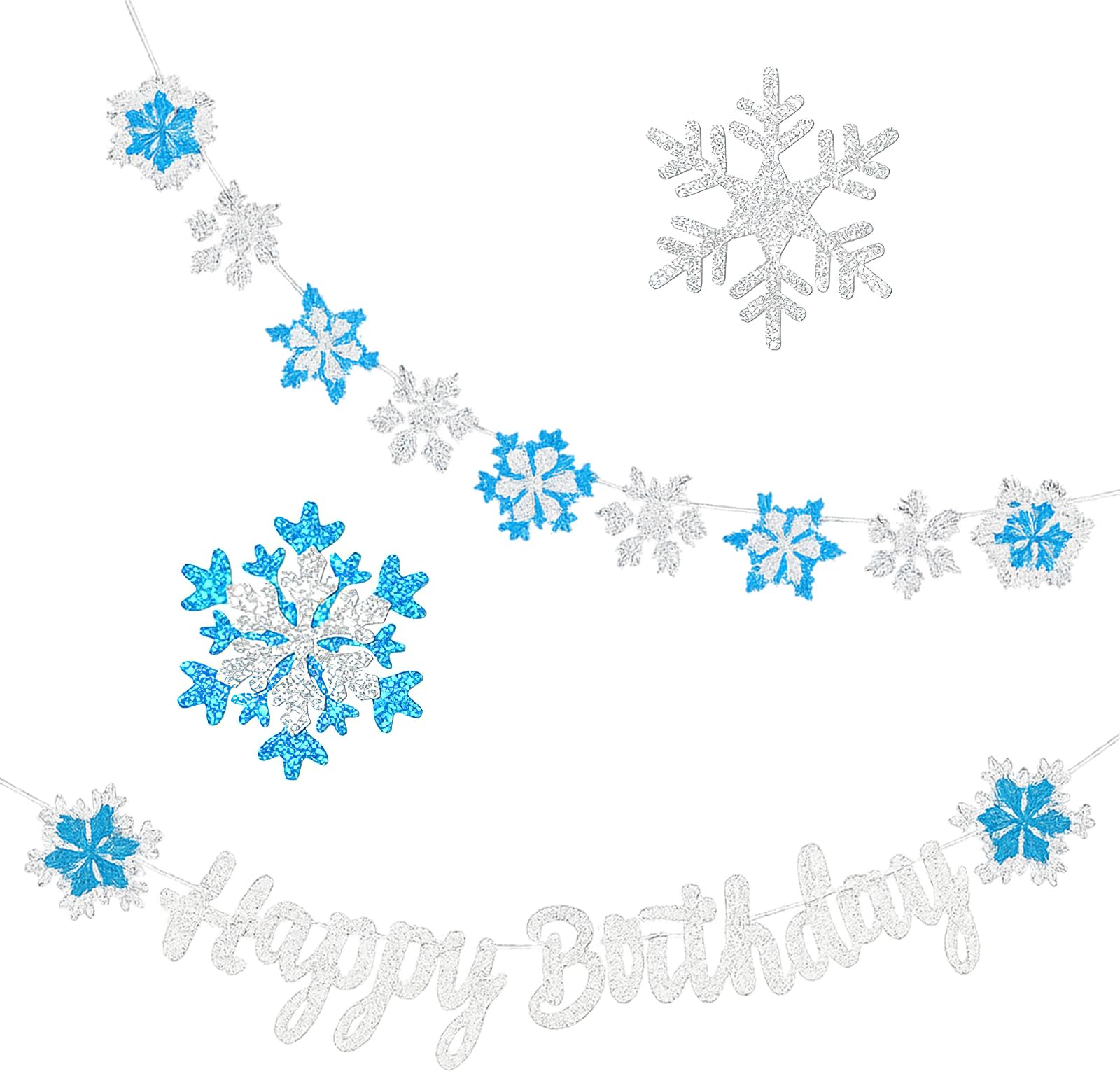 2PCS Banner Copos Nieve de Feliz Cumpleaños, Glitter Snowflake Decorations, Guirnalda Decoración de Copos de Nieve, Azul y Blanco Decoración Fiestas Cumpleaños Infantiles Fiesta Chicas