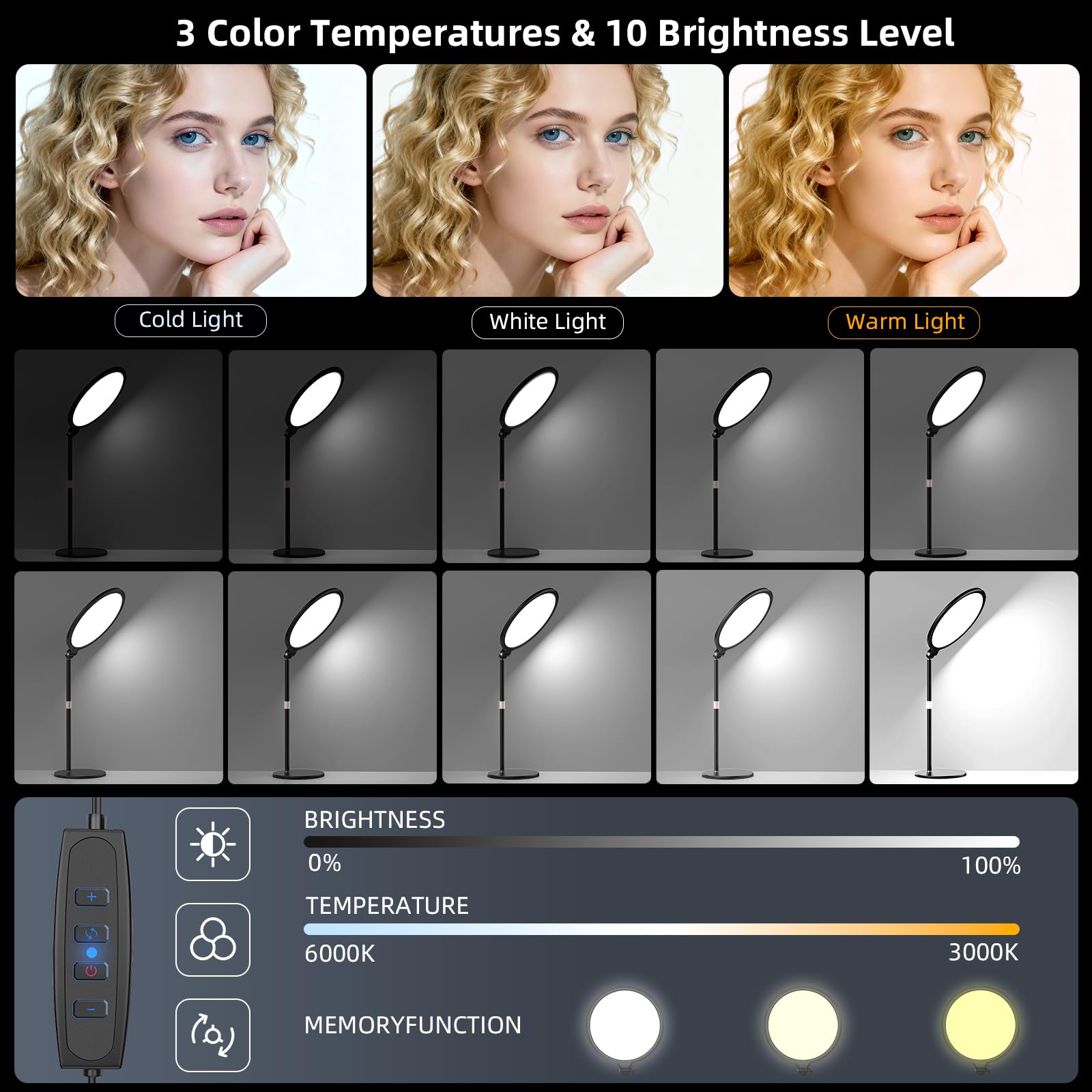 LUXCEO Key Light, światło wideo LED ze statywem stołowym, 10 W, 3000-6000 K, możliwość ściemniania, pełnoekranowa lampa pierścieniowa, do strumieniowania wideo TikTok YouTube i konferencji, kamera
