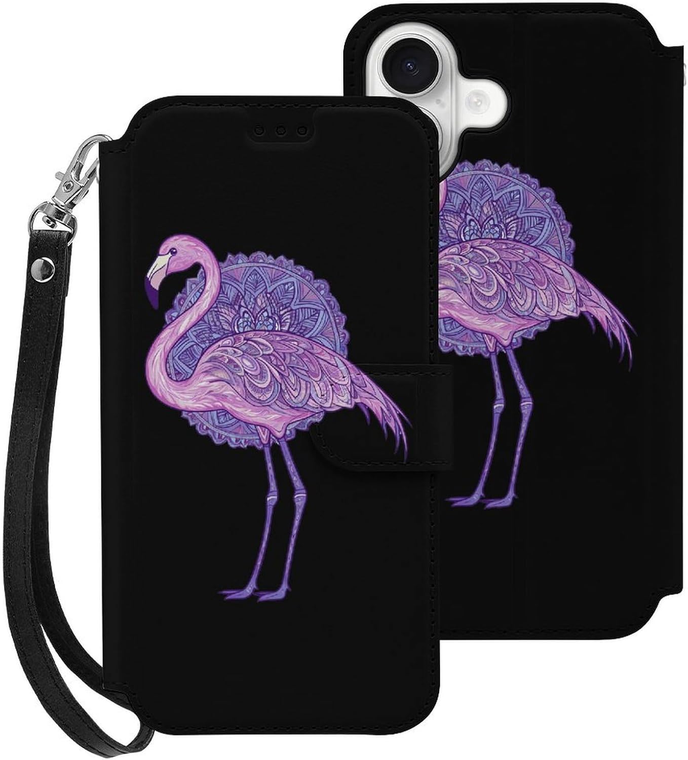 Flamingos Purple Floral Compatible with iPhone 16/16 Plus/16 Pro/16 Pro Max/16 E Case Phone Wallet Card Holder Flip Cover with Wrist Strap