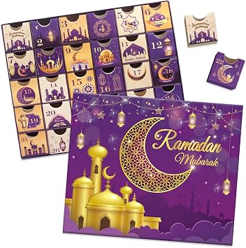 Ramadan Advent Calendar with Drawers, 30 Empty Boxes for 30 days, Eid Mubarak Coutdown Calendar Fillable Ramadan Gift, Islamic Art, Cardboard Number Storage Box, Ramazan Party Supplies - Purple