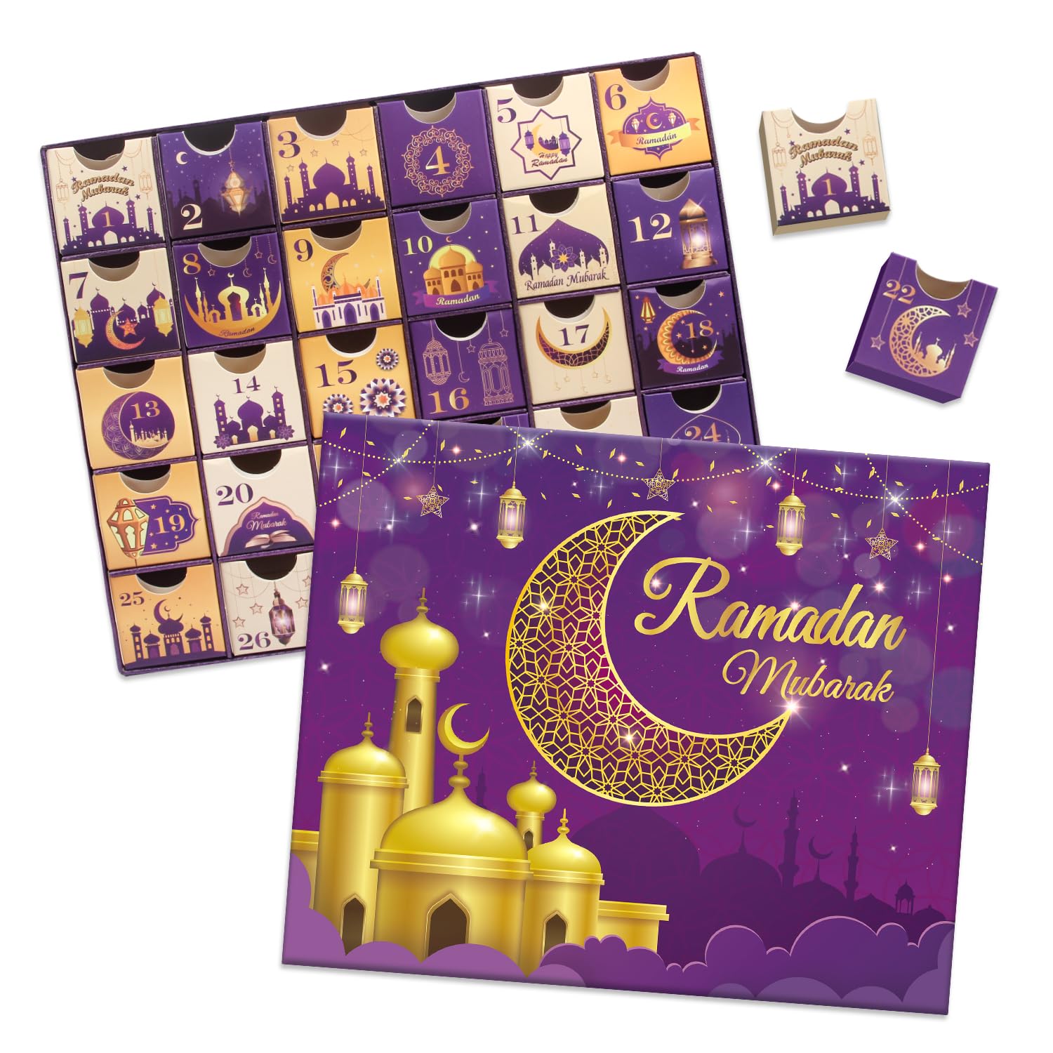 Calendrier de l'avent Ramdan 30 boîtes vides 30 jours Eid Mubarak coutdown Calendar avec des cadeaux du Ramadan, boîte rangement numéro en carton, fournitures de fête du Ramadan - Violet