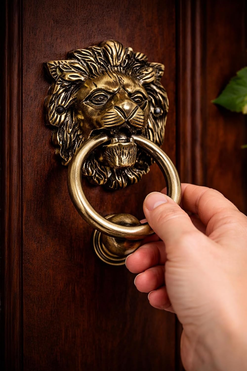 Brass Door Knocker Hand-Etched Carved Gate Knocker Handle Pull Home Decor Hardware Lion Head Design Golden Color 5.5 Inches