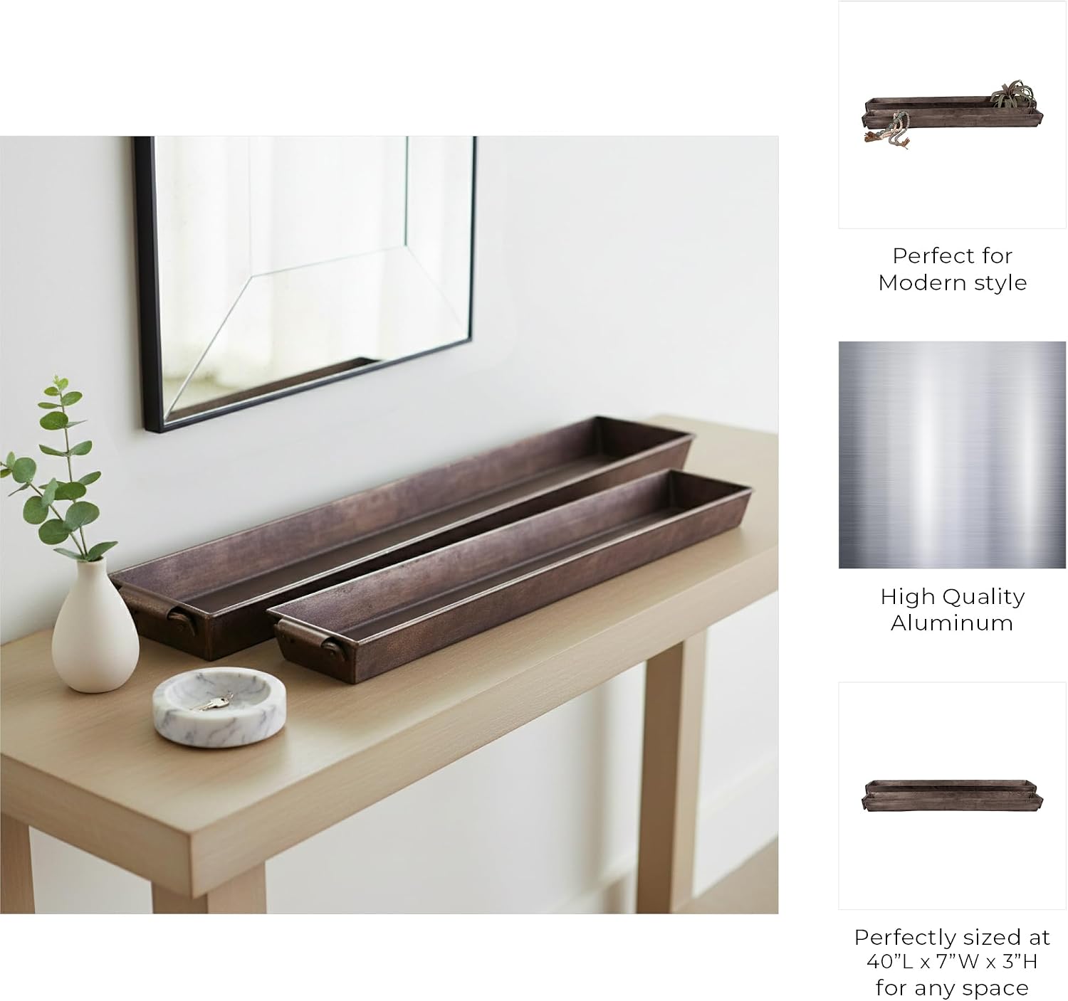 Trays for House, Bed, or Coffee Table Decor - Long Rectangular Trays for Home Accents and Centerpiece Table Decoration - Perfect as Trinket, Jewelry, and Vanity Trays - Set of 2, 3", Silver & Metallic