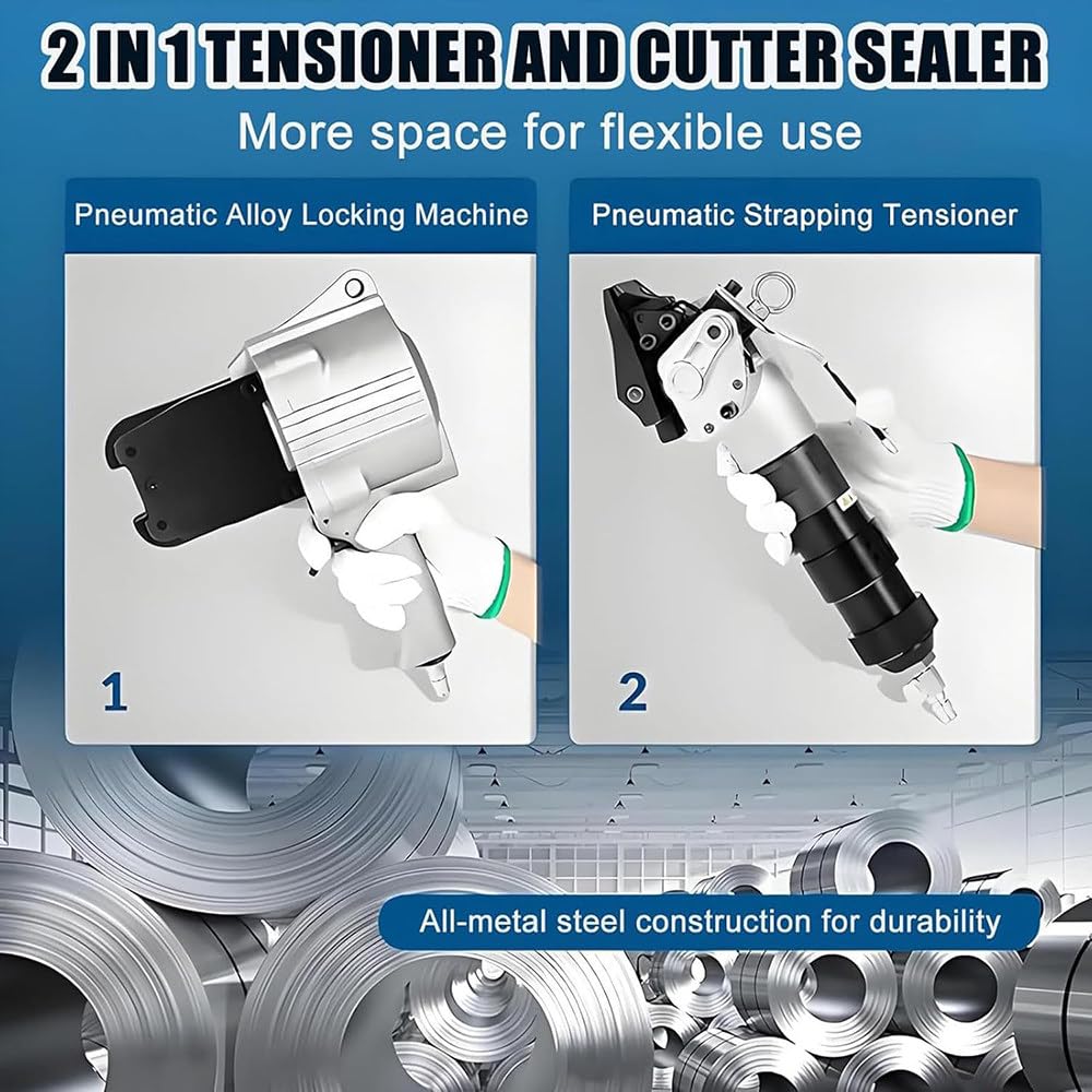 Portable Pneumatic Steel Packaging Machine - Metal Strapping Tensioner and Cutter Sealer Pneumatic Strapping Tool Set for 19/25/32 Mm(0.75in/1in/1.25in) Width Metal Belt cabletiewidth32mm