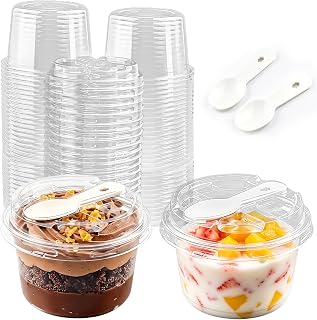Qsqwsuye 5oz 25 Pack Clear Disposable Plastic Cups with Lids & Built-in Spoon Slot, Dessert Cups with Lids & Spoons, Single Serve Yogurt Pudding Dessert To Go Cups