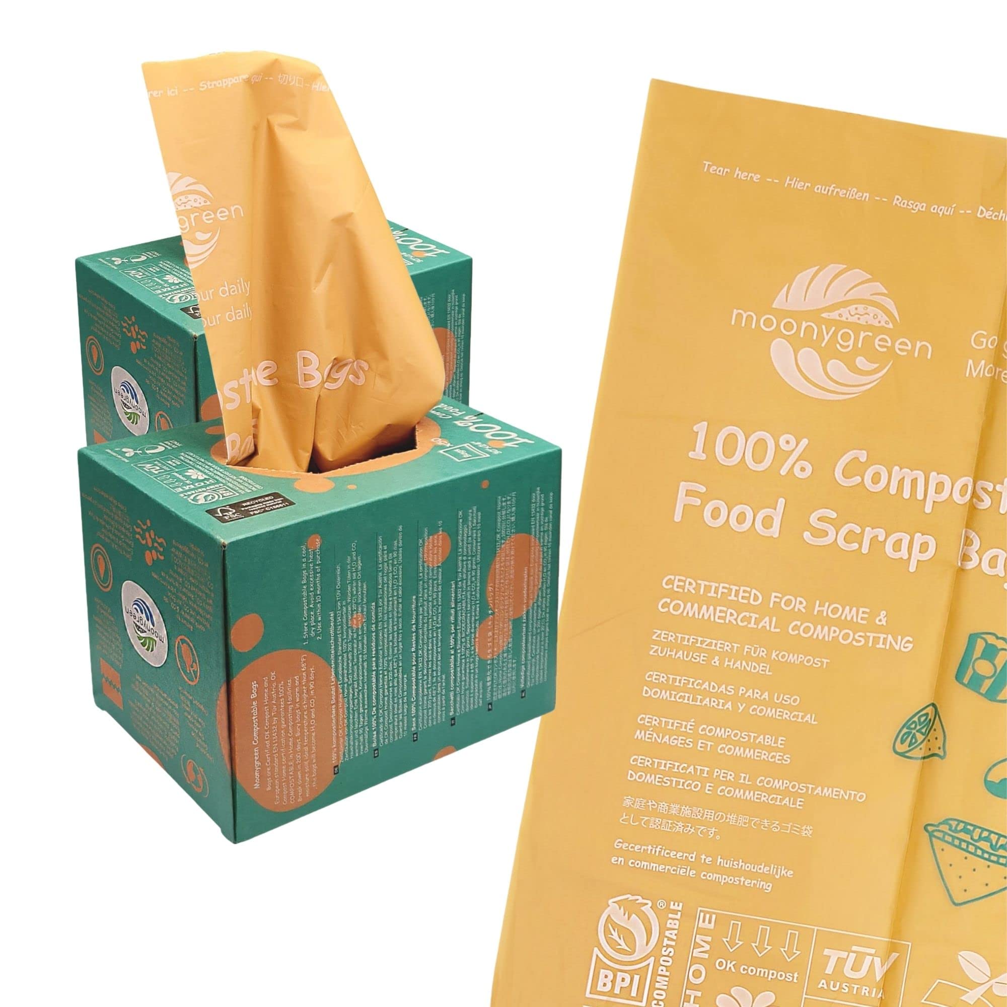 Moonygreen Compostable Trash Bags 13 Gallon, Tall Kitchen Food Waste Bags, US BPI ASTM D6400 and Europe OK Compost Home Certified, Heavy-Duty, 49.2