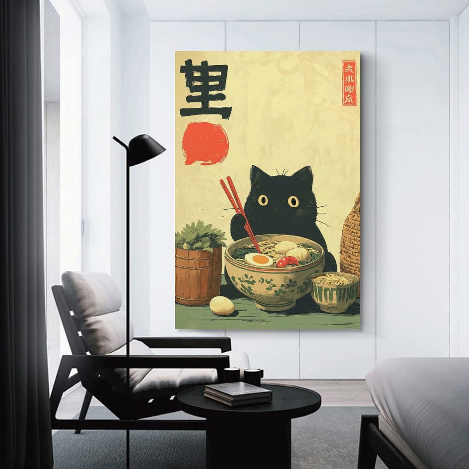 Junmoney Black Cat with Ramen Bowl Art Home Decor Wall Art 20x30inch(50x75cm), for Art Walls, Layered Displays Or Homes, A Versatile Canvas Print for Layering