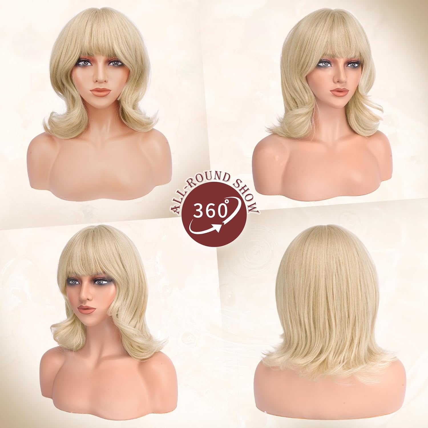 FESHFEN Shoulder Length Bob Wigs with Bangs for Women - Bleach Blonde Natural Layered Wavy Synthetic Wig For Daily Party Costume Use 14 Inch
