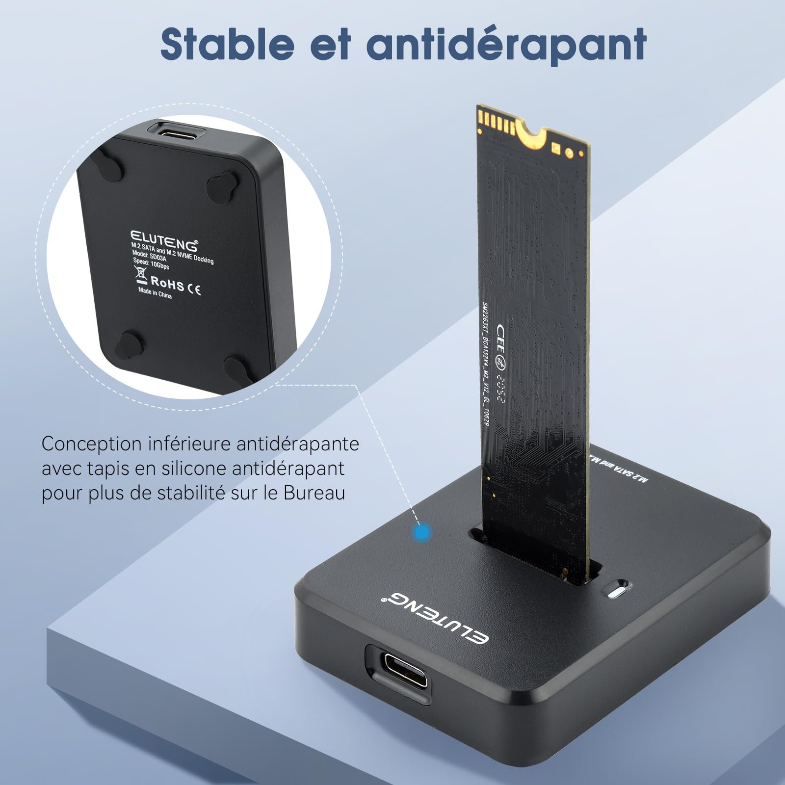 ELUTENG Station D’Accueil M.2 NVME & SATA, Boîtier Externe SSD NVMe USB 3.1 10 Gbps vers USB pour clé M-Key B&M-Key, Adaptateur Double Protocole pour SSD 2230/2242/2260/228