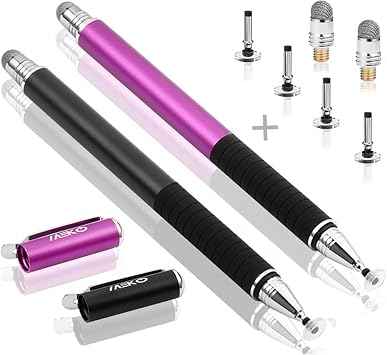 MEKO2 Pcs [2 in 1 Precision Series] Disc Stylus/Styli for All Touch Screen Devices Bundle with 4 Replaceable Disc Tips, 2 Replaceable Fiber Tips - Black/Purple