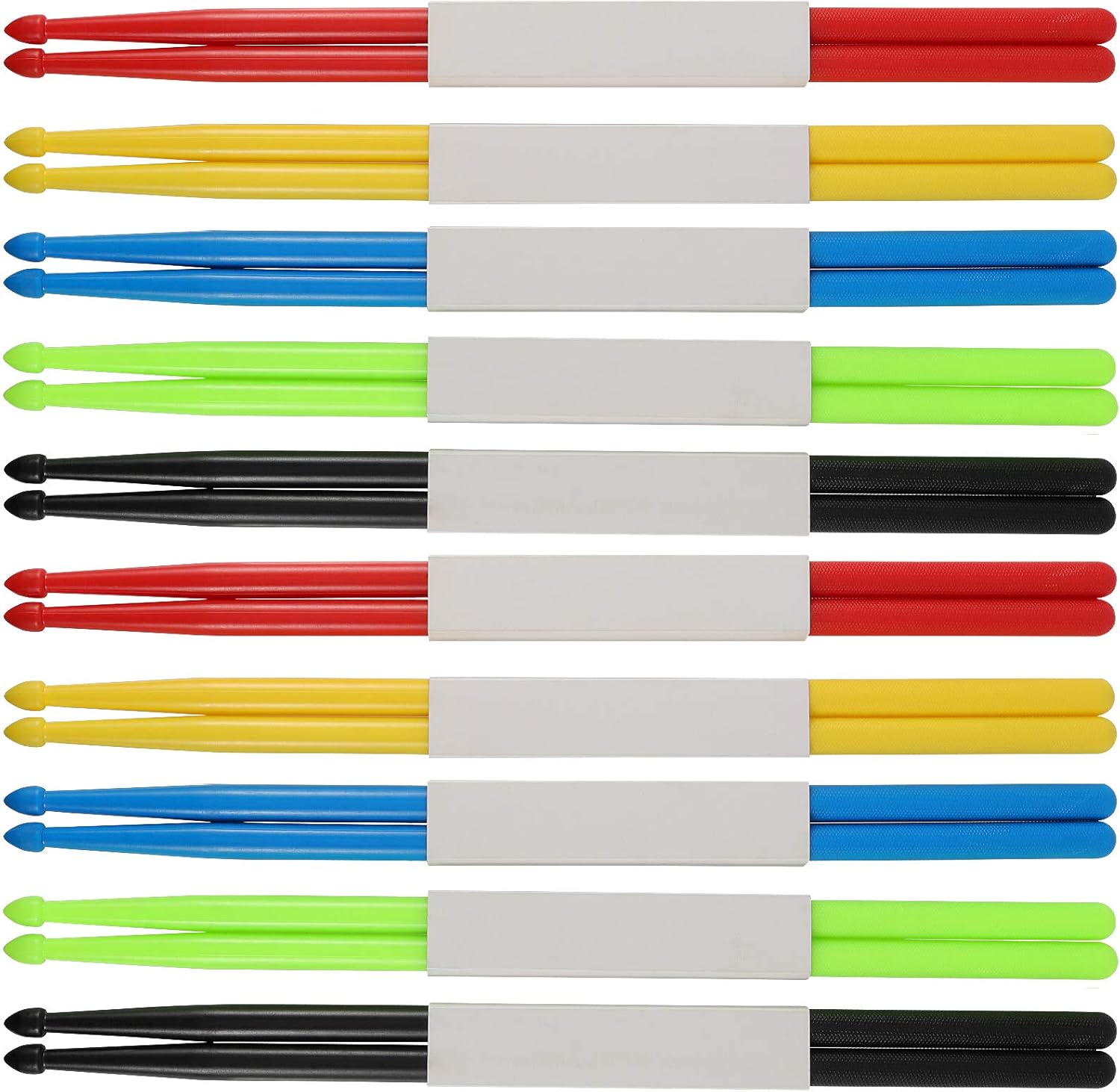 5A Nylon Drumsticks, 10 Pairs with Anti-Slip Handles Drum Sticks, Plastic Lightweight Drumsticks for Drums，Green, Blue, Red, Black, Yellow
