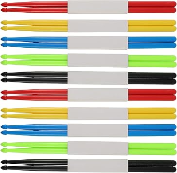5A Nylon Drumsticks, 10 Pairs with Anti-Slip Handles Drum Sticks, Plastic Lightweight Drumsticks for Drums,Green, Blue, Red, Black, Yellow