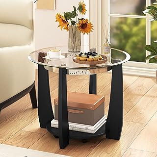 Giantex Round Glass Coffee Table, 32" Rolling Center Tables with Wheels, 2-Tier Cocktail Tea Table with Storage Shelf, Solid Rubber Wood Legs, Tempered Glass Top, Modern Living Room Tables (Black)