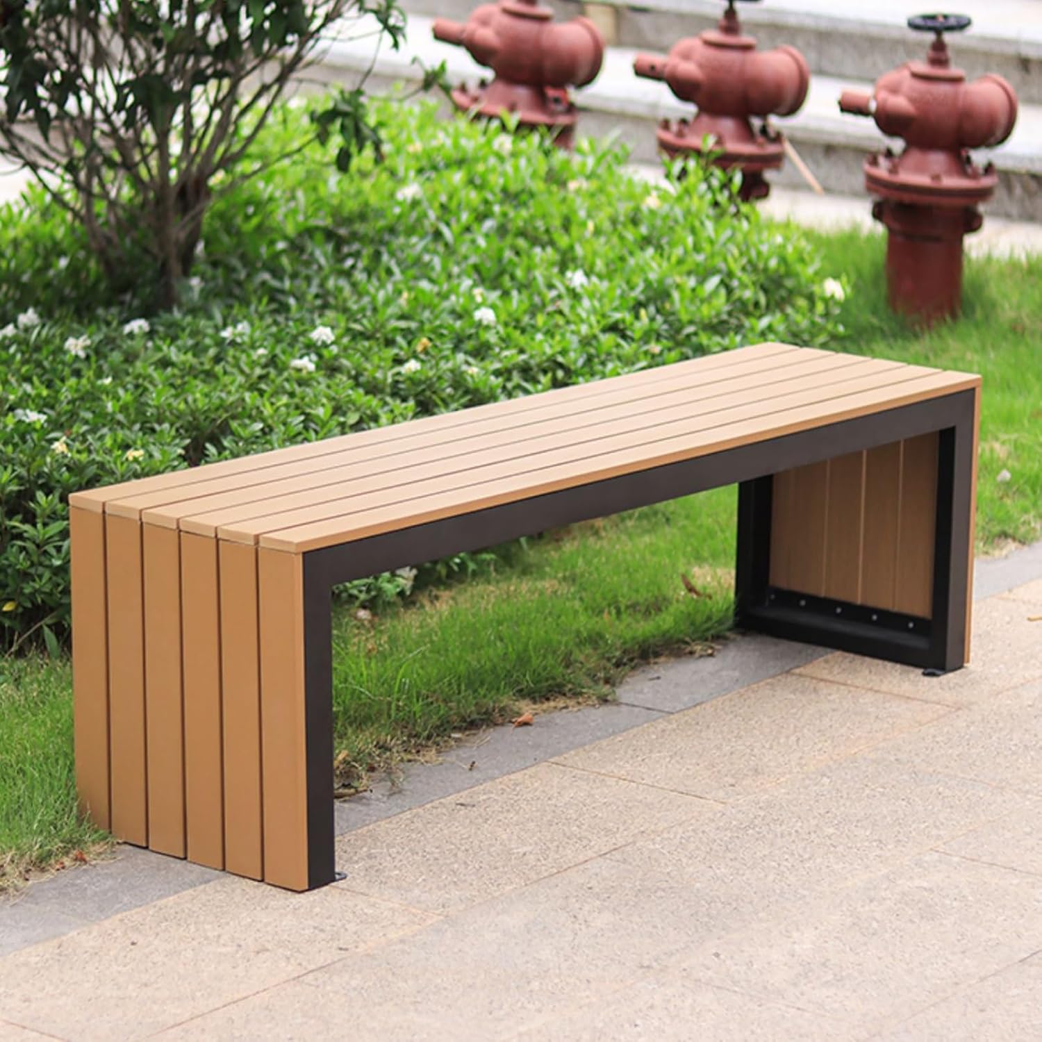 Plastic Wood Garden Bench, Outdoor Park Bench with Slatted Seat, Patio Benches with U-shaped Seat for Conservatory, Garden, Poolside, Deck(59.0in/150cm)