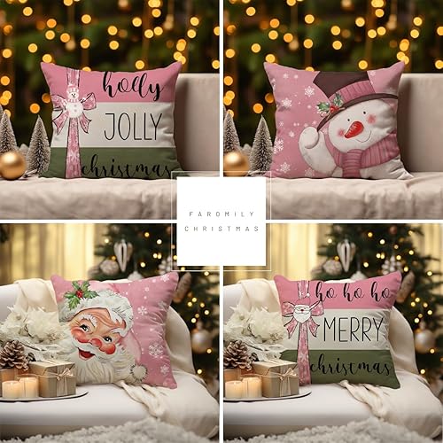 Miniatura 10 de Juego de 4 fundas de almohada de Navidad de 18 x 18 pulgadas, diseño de Papá Noel a rayas grises, bufanda de árbol, muñeco de nieve, pájaro, ciervo,