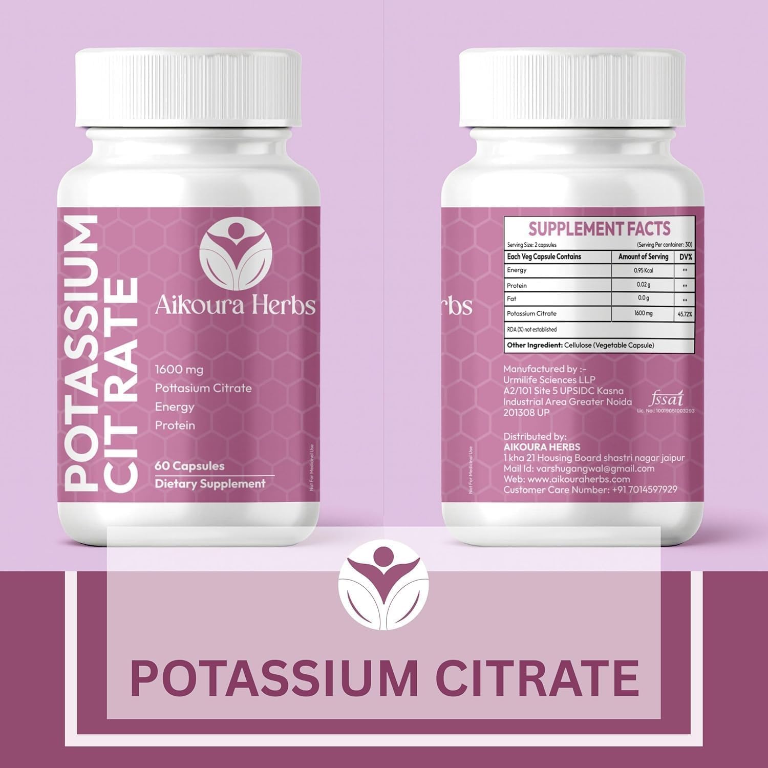 Potassium Citrate Capsules 1600 mg – Electrolyte Balance, Hydration & Muscle Support – Heart Health & Energy Support – 60 Vegan Capsules