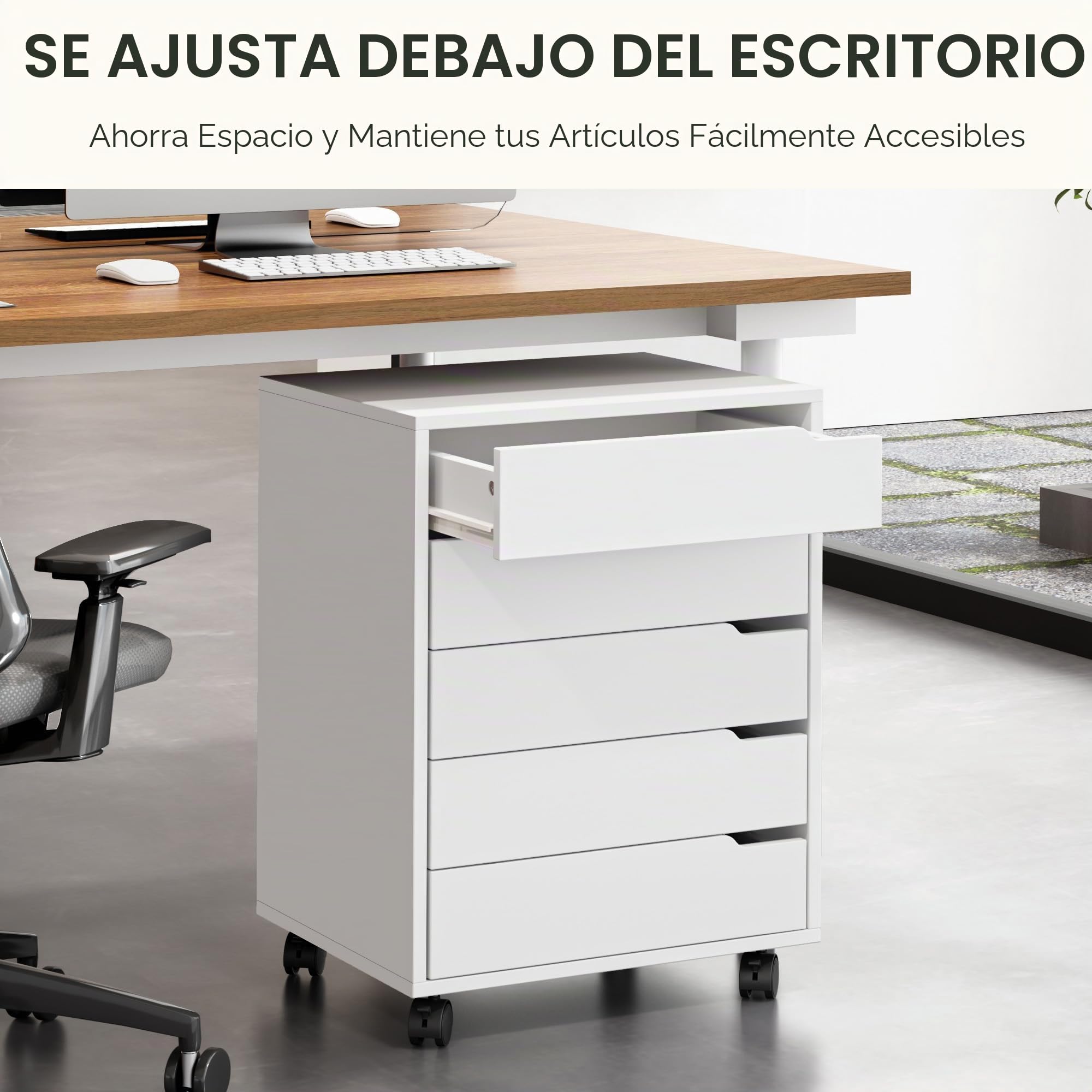 SDHYL Archivador vertical de 5 cajones con asas, carrito con ruedas, cajón con cajones, almacenamiento debajo del escritorio para oficina en casa, 5 cajones, blanco
