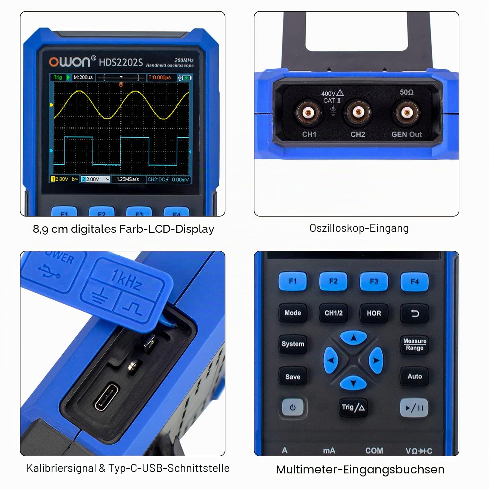OWON HDS2202S 2-Kanal-Handoszilloskop 200 MHz Bandbreite 20000 Counts Multimeter OSC + DMM + Wellenformgenerator