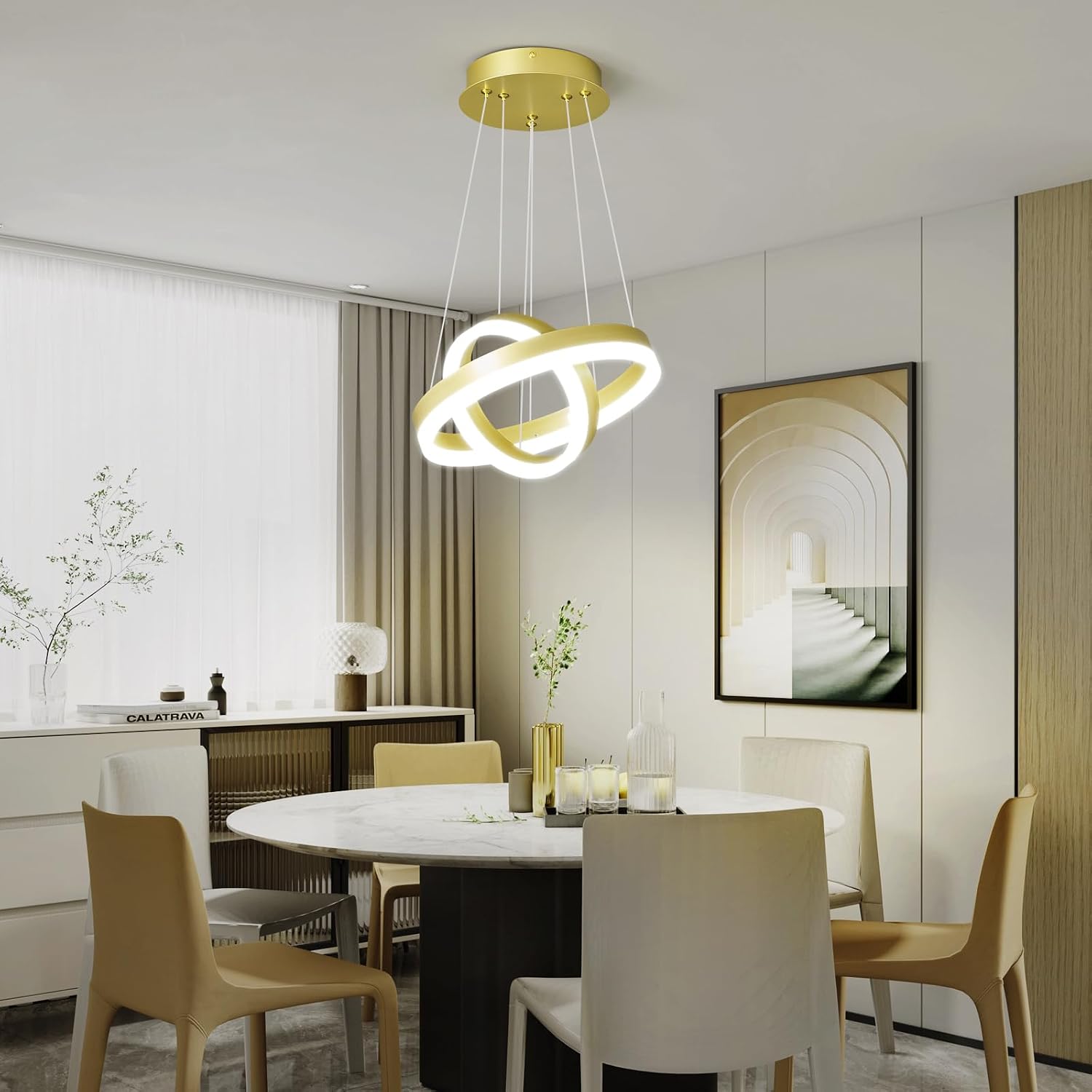 Modern Led Chandelier Lighting 2 Rings Gold Chandelier Contemporary Ceiling Pendant Light Fixture for Staircase Foyer High Ceiling Living Room, 6000K Cool White