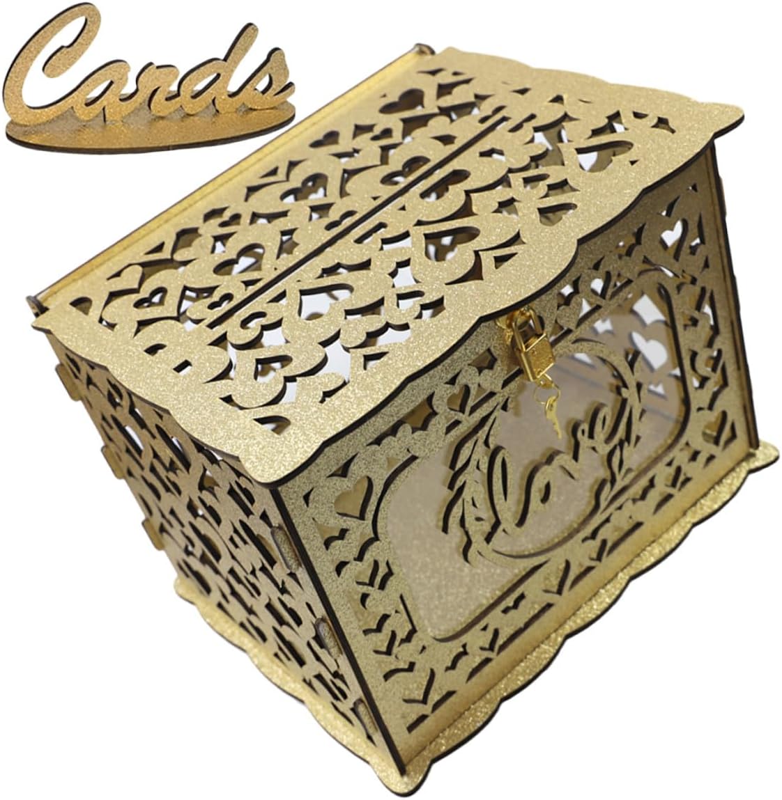 Wooden Hollow Card Box with Glitter for Wedding Anniversary Birthday Rustic Wood Card Holder Container Decorative Message Collection Storage Box