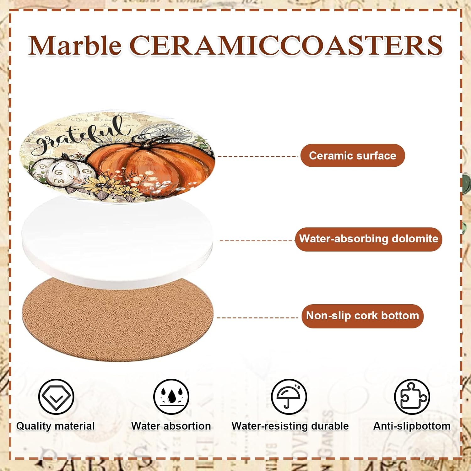 4Pcs Fall Coasters Retro Pumpkin Ceramic Drink Coasters Grateful Thankful Cup Mats for Autumn Harvest Thanksgiving Home Kitchen Table Protection Housewarming Gift
