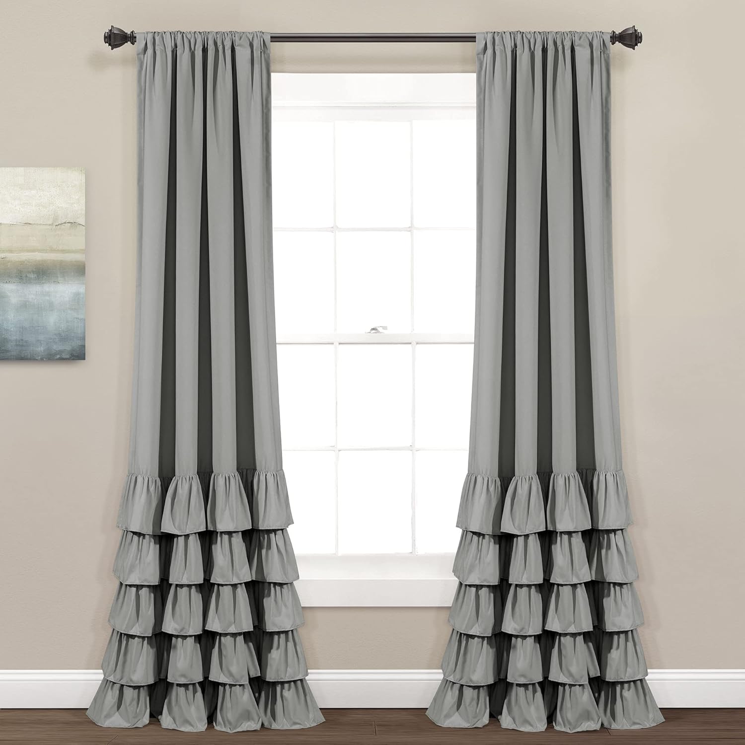 Lush Decor Allison Ruffle Light Filtering Window Curtain Panels Pair 40" W x 84" L Dark Gray - Coquette Curtains for Bedroom - Ruffle Curtains Kids