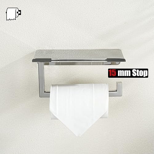Miniatura 4 de JQK Soporte de papel higiénico cromado, soporte para rollo de papel higiénico con estante para teléfono, dispensador de papel de seda de acero