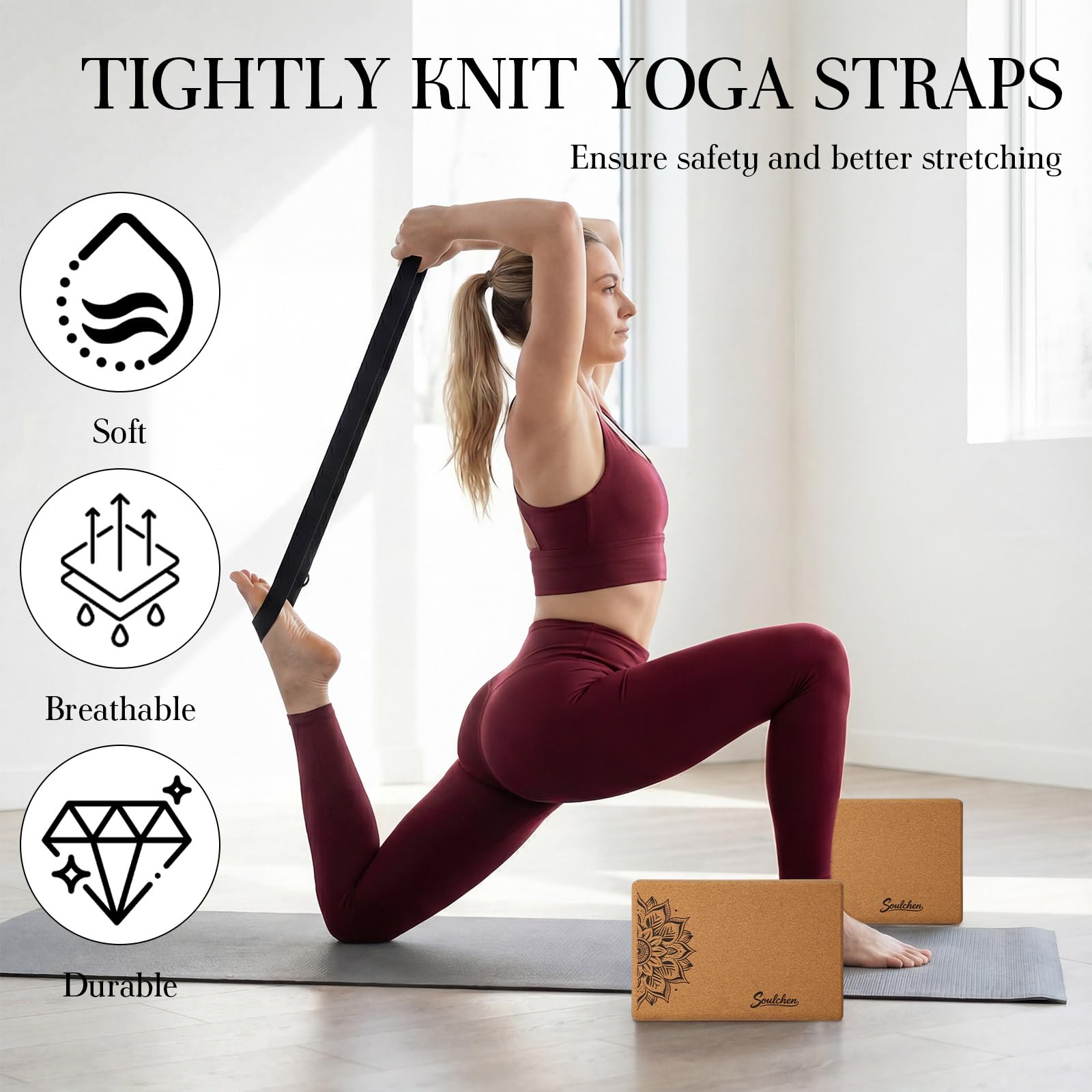 Soulchen Yoga-Blöcke aus natürlichem Kork mit Gurt, 2 Massagebälle, schlanker, längerer Korkblock für Pilates, Meditation, hochdichtes Yoga-Zubehör, Geschenke für Frauen, Unterstützung der Stabilität