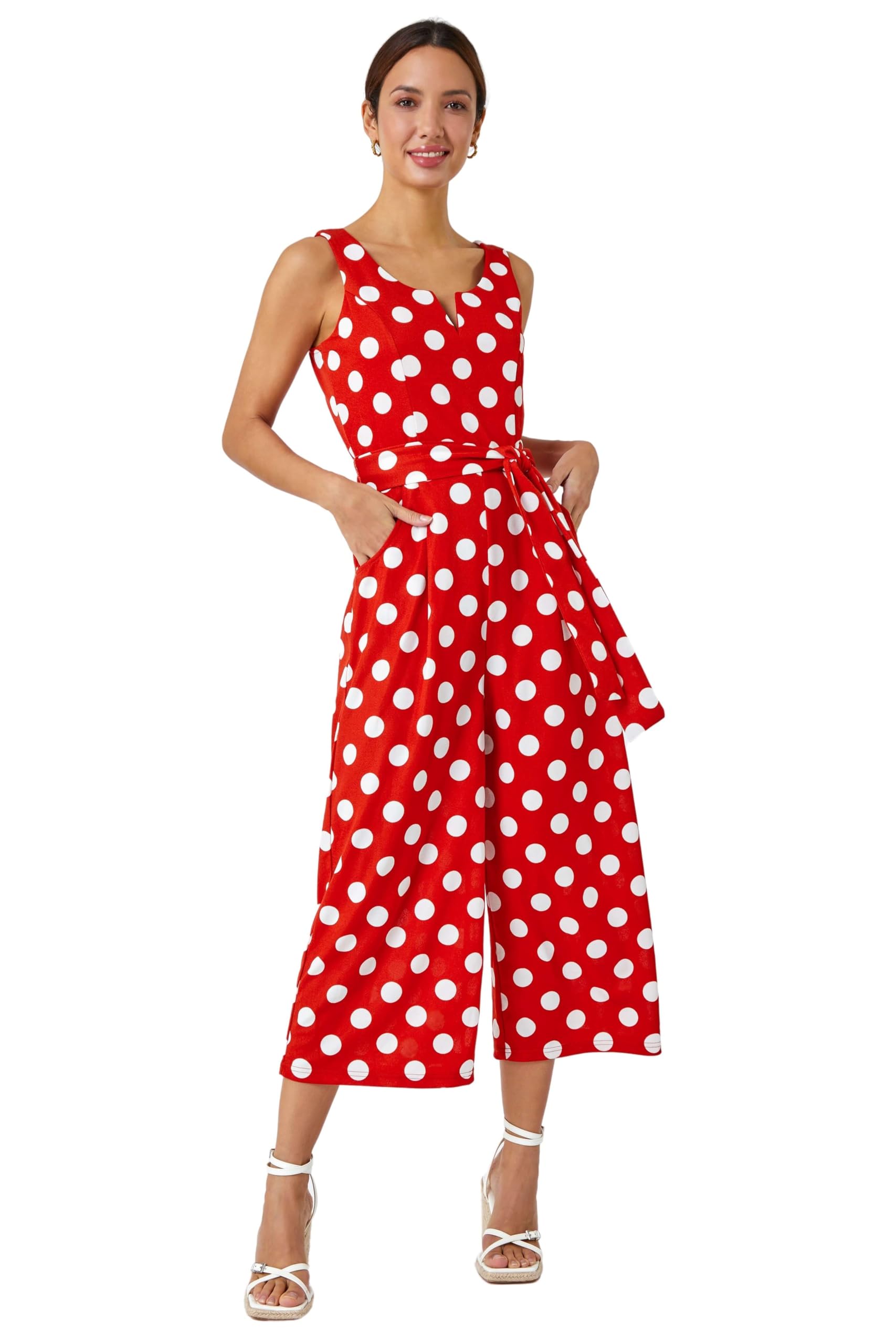 Roman Originals Women's Red Spot Print Belted Jumpsuit For Uk - Everyday Holiday Spring Summer Round Neckline Comfy Soft Evening Vacation Work Party - Size 14